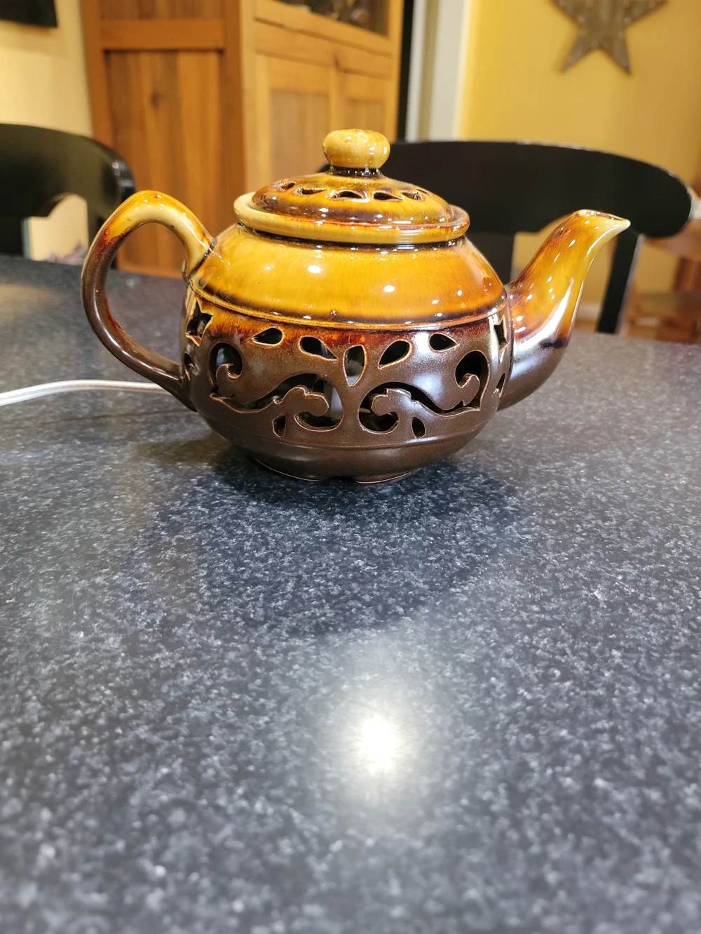 Decorative brown glazed ceramic teapot-shaped accent lamp or nightlight